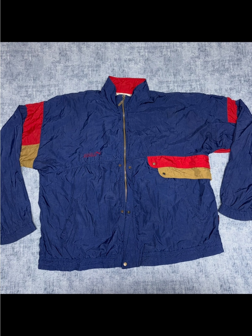 Vintage 90s Puma Navy Windbreaker Jacket with Red & Tan Accents